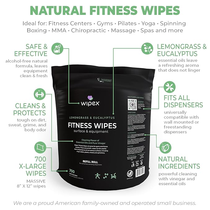 Wipex Plant Based Gym Wipes Dispenser Refill - 700 Count Fitness Equipment Wipes (Large 8x12) Lemongrass + Bucket, (Pack of 4 + Bucket)
