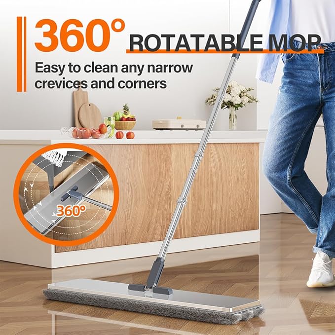 Flat Mop and Bucket for Home with Extra Refills, Stainless Steel Mop and Bucket with Wringer, Hands-Free Mop, Wet and Dry Use Mop with Long Handle (Black)