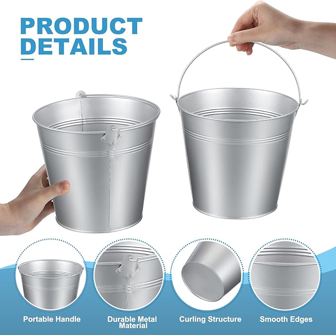 PATIKIL 7"x6.4" Small Metal Buckets with Handle, 6 Pcs Mini Galvanized Bucket Colorful Easter Buckets for Crafts Party Favors Decoration, Silver