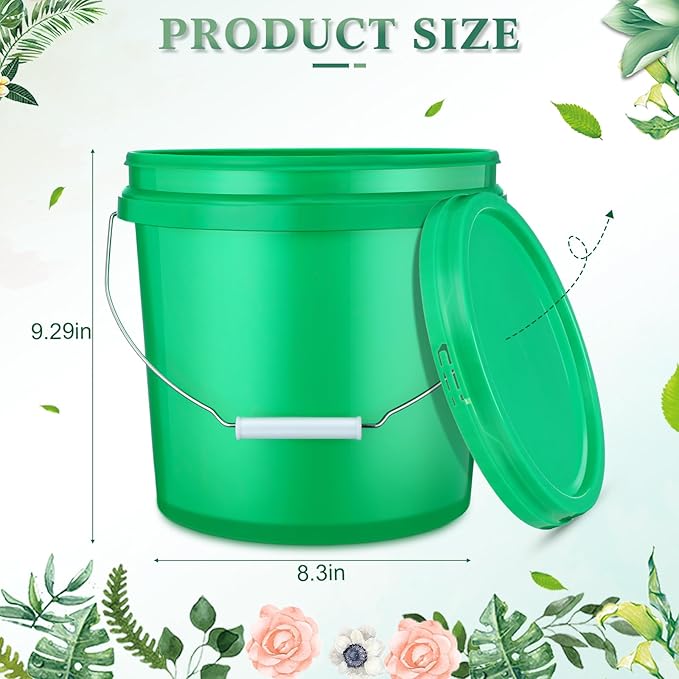 6 Pack 2 Gallon Plastic Bucket with Lid Heavy Duty Pail with Metal Handle Reusable Small Multipurpose Paint Buckets Container for Food Storage(Green)
