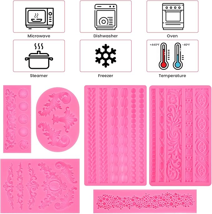 6Pcs Baroque Embossed Cake Decorating Mold, Silicone Fondant Molds Cake Border Fondant Molds for Chocolate Candy Mousse Butter Biscuit Marzipan Sugar Craft Cakes