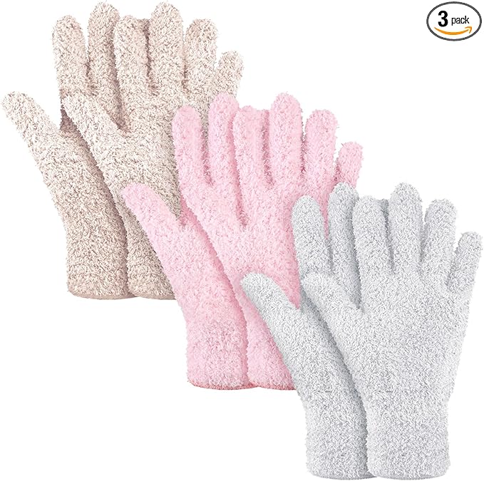 Patelai 3 Pairs Microfiber Plant Dusting Gloves Leaf Cleaning Gloves for Indoor Plants, Blinds, Furniture, House(Large,Pink, Nude, White)