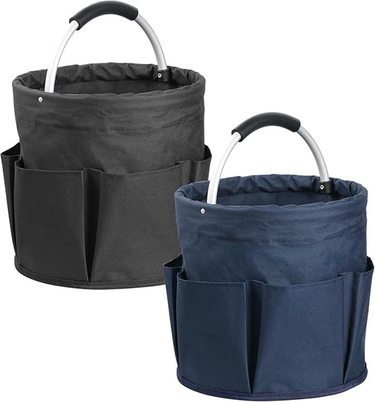 17L Bucket Tool Organizer with 6 Side Pockets, 2Pcs Collapsible Cleaning Caddy with Handle, Folding Gardening Tool Bag, Multifunctional Storage Basket for Garden, Bathroom, Black + Navy Blue