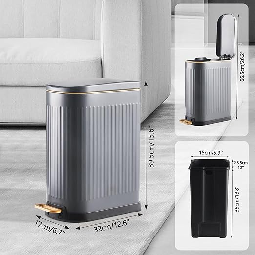 Slim Bathroom Trash Can with Soft Close Lid Stainless Steel Garbage Can Step Trash Bin with Removable Inner Bucket for Bedroom, Office, Kitchen (Matt Grey, 3.5 Gallons)