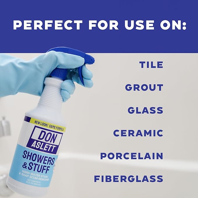 Don Aslett Showers and Stuff (32 Oz Spray Bottle, Pack of 2) Hard Water Stains and Soap Scum Remover | Cleans Bathroom Rust, Grout Tile Lines, Fiberglass Tub, Glass Shower Door Surfaces