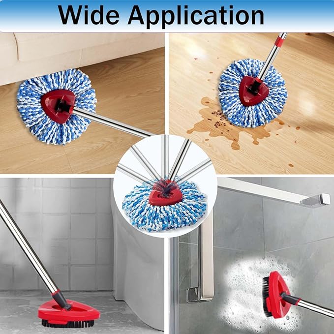 Spin Mop Replace Heads for O Cedar Rinse Clean 2 Tank System, Spin Mop Replacement Head 4 Microfiber Mop Refills, 1 Triangle Head Cover and 30-58in Handle 1 1Scrub Brush