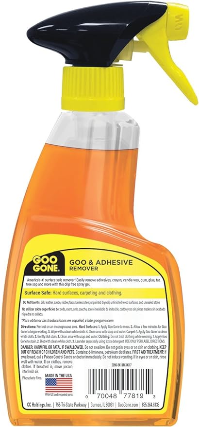 Goo Gone Adhesive Remover Original Spray Gel - Removes Chewing Gum, Grease, Tar, Stickers, Labels, Tape Residue, Oil, Blood, Lipstick, Mascara, Shoe Polish, Crayon - 12 Ounce