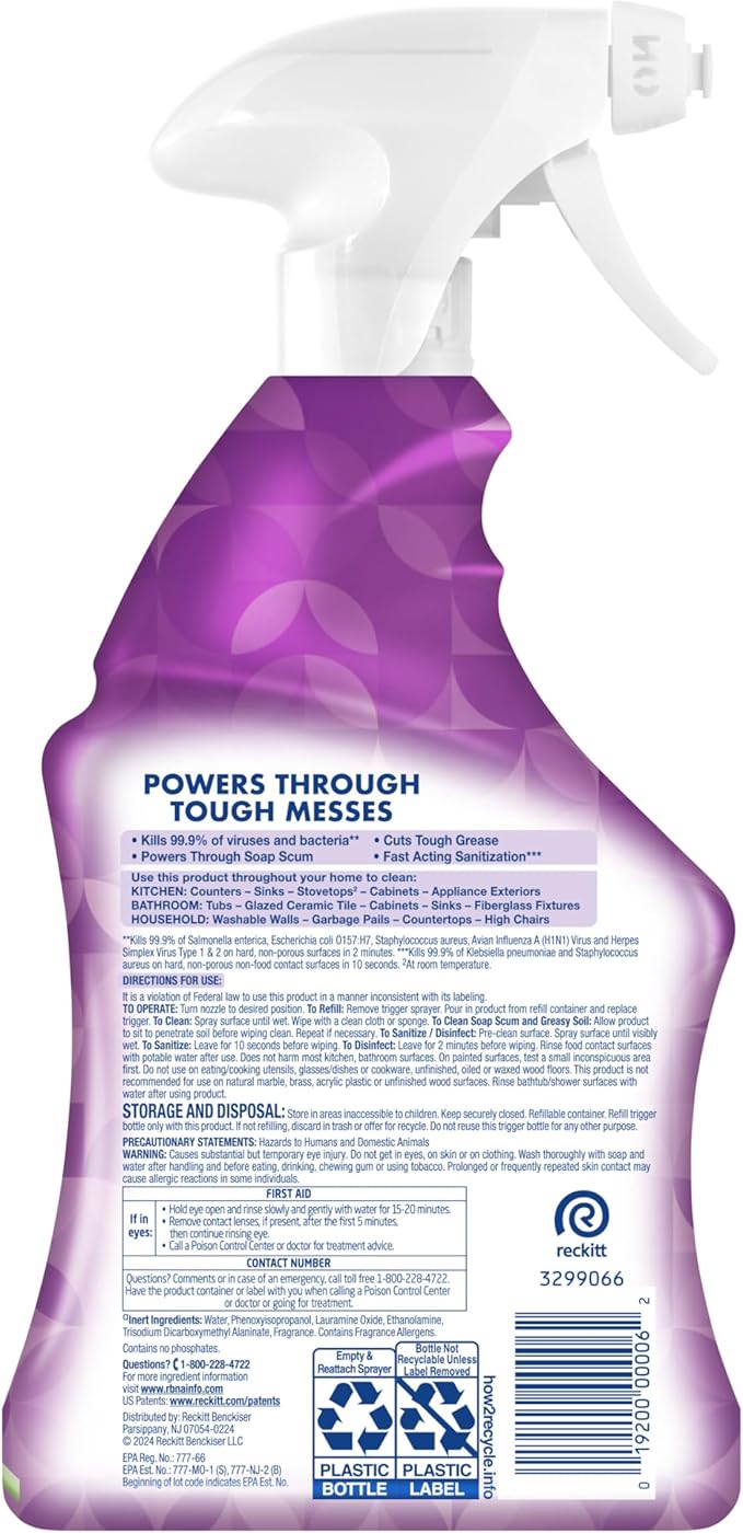 Lysol All Purpose Cleaner Spray, Multi-Purpose Disinfecting Spray, Kitchen & Bathroom Cleaner, Lavender & Cotton Blossom Scent, 32 Fl Oz