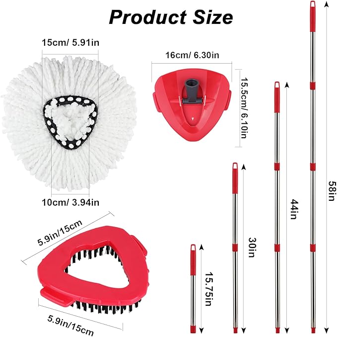 Spin Mop Head Refill for Vileda/Ocedar EasyWring Spin Mop - Rotating Microfiber Triangle Replacement Pads Washable & Reusable fit All Floor - 4 Cloth 1 Mop Base 1 Handle and 1 Brush