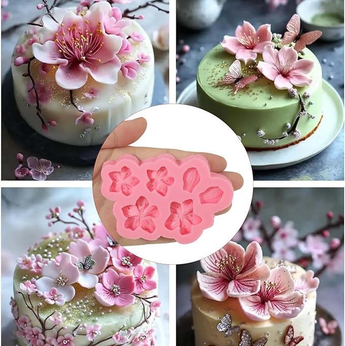 4 Pcs Plum Blossom Fondant Molds, Flower Chocolate Silicone Mold, for Wedding Cake Decoration Cupcake Topper Dessert Table Biscuit Candy Resin Clay Modeling, Reusable Kitchen Baking Mold
