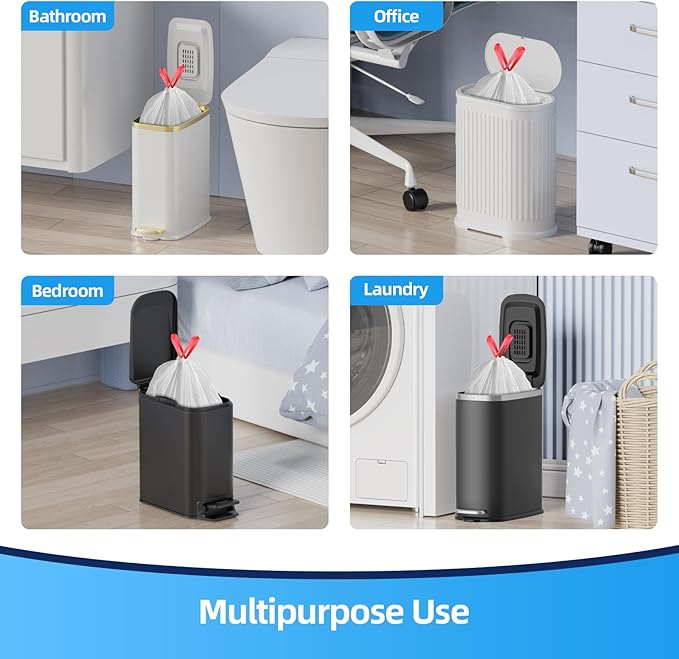 KUK 4 Gallon Drawstring Trash Bags - 120 Count White Small Garbage Bags, Unscented Strong Plastic Waste Basket Liners for Home/Office/Car, Fits 10-15 Liter Bins, 6 Rolls with Tear-Free Design