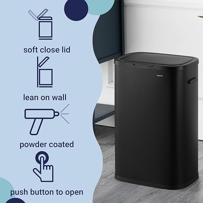 happimess HPM1017B Tammi Kitchen 14.5-Gallon Slim Metal Push Button Trash Can, Fingerprint Resistant, Modern, Minimalistic for Home, Kitchen, Laundry Room, Office, Bedroom, Bathroom, Charcoal Black