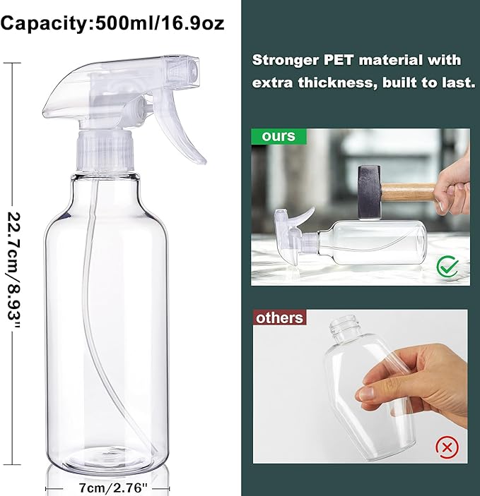 Spray Bottles Plastic Spray Bottle for Hair Mist/Stream Heavy Duty Empty Spray Bottles for Cleaning Solutions, Plants, Cooking (16.9oz-Clear+nozzle)