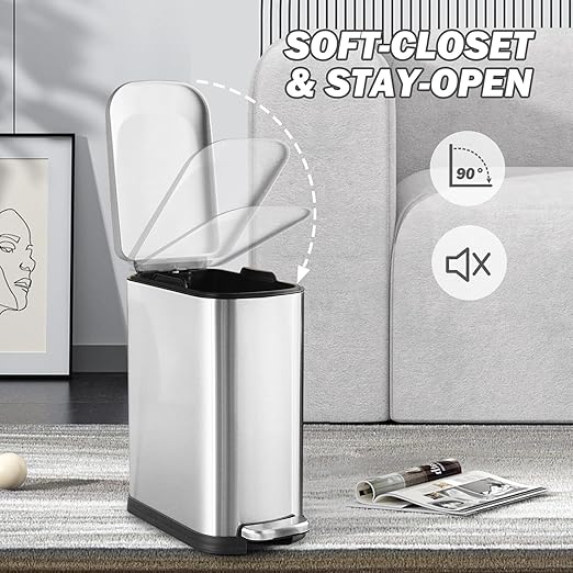 ELPHECO 3.5 Gallon Bathroom Trash Can with Soft Close Lid, 13.5 Litre Stainless Steel Pedel Garbage Can with Removable Inner Bucket, Wastebasket for Bathroom, Office, Bedroom, Silver