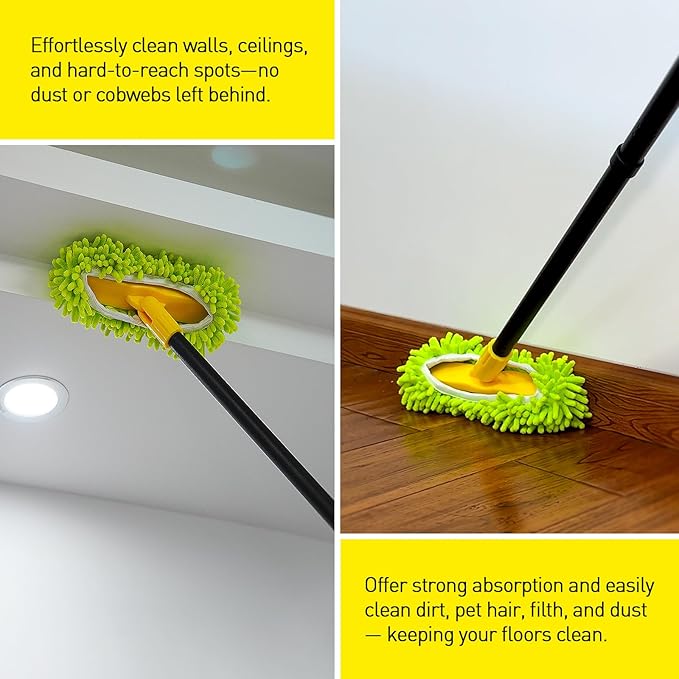 Grout Brush with Long Handle, Rotation Tile Grout Cleaning Tool, Wall Cleaner Mop, Baseboard Scrubber with 1 Chenille Duster for Painted Walls, Floor and Corners, V-Shape Shower Scrubber Cleaner -59in