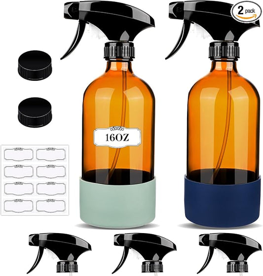 2 Pack/16 Oz Glass Spray Bottles, Refillable Empty Containers with Silicone Sleeve, Upgraded Adjustable Nozzle Spray Bottle Sets for Cleaning, Essential Oils, Hair (Amber)