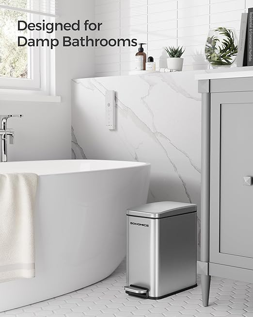 SONGMICS Bathroom Trash Can, 2.6 Gallon (10 L) Small Trash Bin with Lid, Slim for Small Spaces, Stainless Steel Garbage Can, Soft Close, Silver ULTB561E10