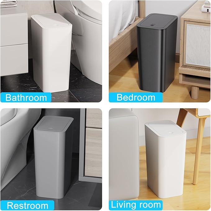 N. NETDOT 3 Pack 10L/2.6 Gal Bathroom Trash Can with Lid, Trash Bin with Press Lid, Small Trash Can/Slim Garbage Cans/Waste Basket for Bathroom,Kitchen,Office,Bedroom - Black,Gray,Off White