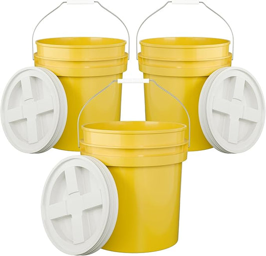 5-Gallon Yellow Bucket Pail with Gamma Seal Screw on Airtight Lid, Metal Handle with Plastic Grip for Easy Carrying, Easy Stack and Store, Heavy-Duty 90MIL Extra Durable, Food Grade, BPA Free - 3 Pack