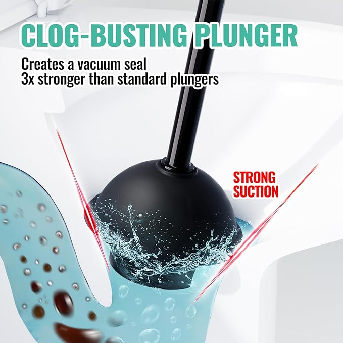 3 in 1 Toilet Brush and Plunger Set with Crevice Cleaning Brush, Toilet Plunger and Brush Set with Extra Long Handle, Plungers for Bathroom Accessories, Toilet Plunger Abrasive Spiral Brushes, Black