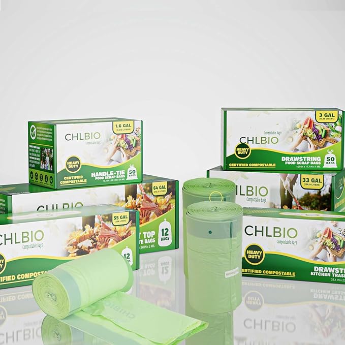 64 Gallon Compostable Trash Bags Flat-Top, Heavy Duty Extra Thick 2 Mil, 242.27 Liter, 12 Bags, Large Lawn and Yard Waste Bag, ASTM D6400, US BPI and OK Compost Home Certified