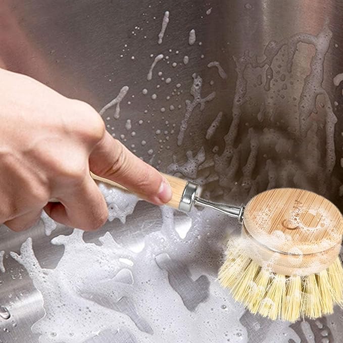 Bamboo Dish Brush with Handle - 4 Replacement Heads, Eco Soft Bristles Vegetable Brush Scrubber for Food, Compostable & Sustainable, Bamboo Dish Scrubber for Cleaning Kitchen Utensils
