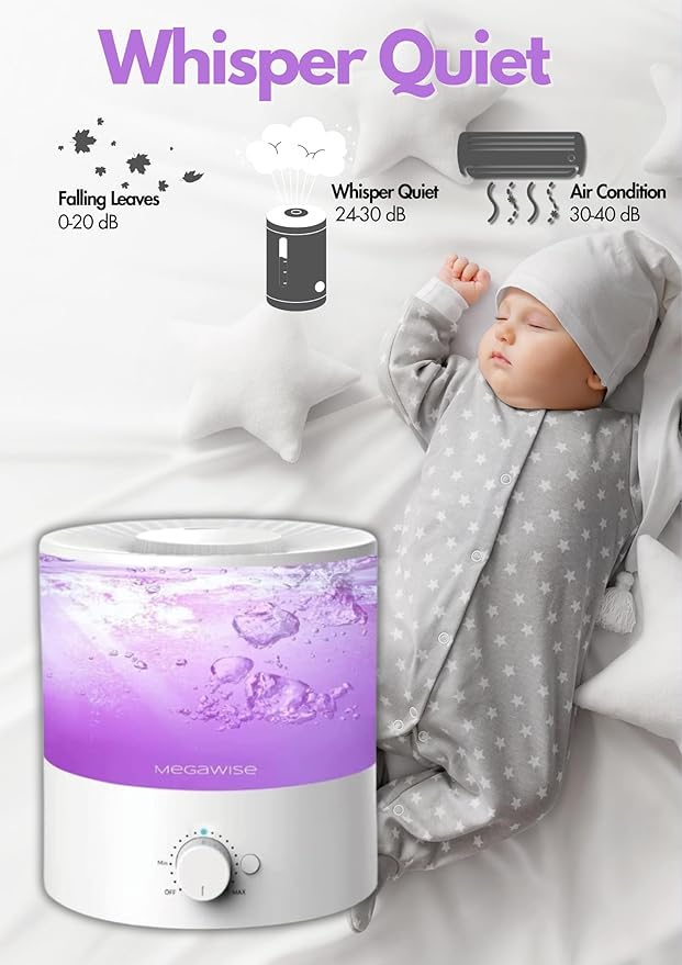 Megawise Cool Mist Humidifier with Top Refill Design, 2L Capacity, High Mist Output, No Leakage, and 7 Color Night Light