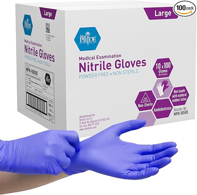 MedPride Powder-Free Nitrile Exam Gloves, Large, 100 Count, Pack of 10