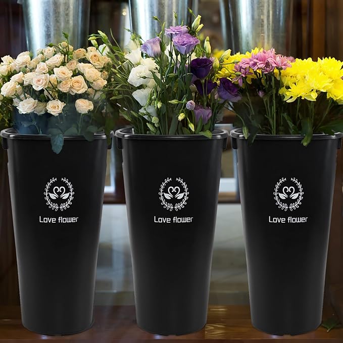 4-Pack 15.98 Inch Plastic Flower Buckets for Cut Flowers, Black Tall Flower Bucket Vase for Home, Wedding Decorations