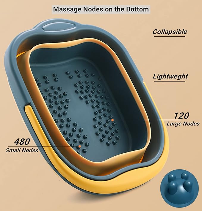 Collapsible Foot Bath Basin Tub for Soaking Feet, Plastic Foldable Foot Spa Bucket Tools with Handle and Massager Acupoint for Camping Travel