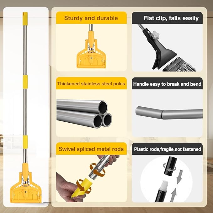 61 inch Mop Handle, Commercial Industrial Heavy Duty String Mop Floor Cleaner, Wet Mop with Long Adjustable Stainless Handle for Home, Garage, Office, Courtyard, Warehouse Floor Cleaning