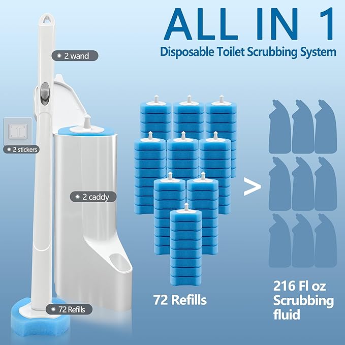 Disposable Toilet Bowl Brush and Holder, Toilet Cleaning System-2 Toilet Bowl Wand, 2 Storage Caddy&72 Toilet Brush Refills for Effective Deep Scrub Toilet, Wall-Mount Toilet Brush, 2 Pack.