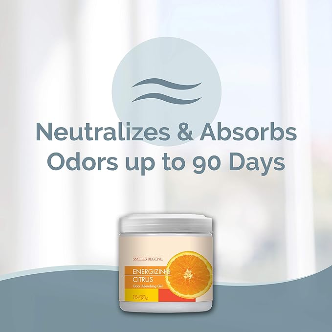 SMELLS BEGONE 15 oz Air Freshener Odor Absorber Gel - Absorbs Odor from Bathrooms, Cars, Pet Areas, Boats & RVs - Made with Essential Oils - Energizing Citrus Scent