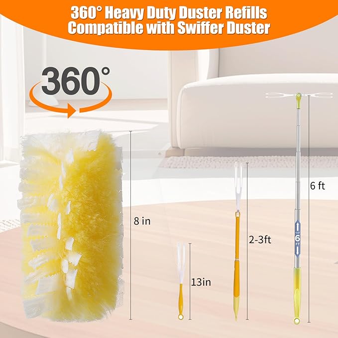 60 Count 360° Heavy Duty Duster Refills Compatible with Swiffer, Large Size-Extra Thick Disposable Electrostatic Feather Duster Refill with 1 Short Handle for Furniture, Blinds, Ceiling Fans