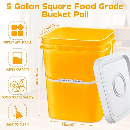 Vesici 6 Pcs 5 Gallon Food Grade Square Buckets with Lids 5 Gal Plastic Food Storage Square Bucket Heavy Duty Industrial Pail Container with DIY Label Stickers Handles for Water Painting(Yellow)