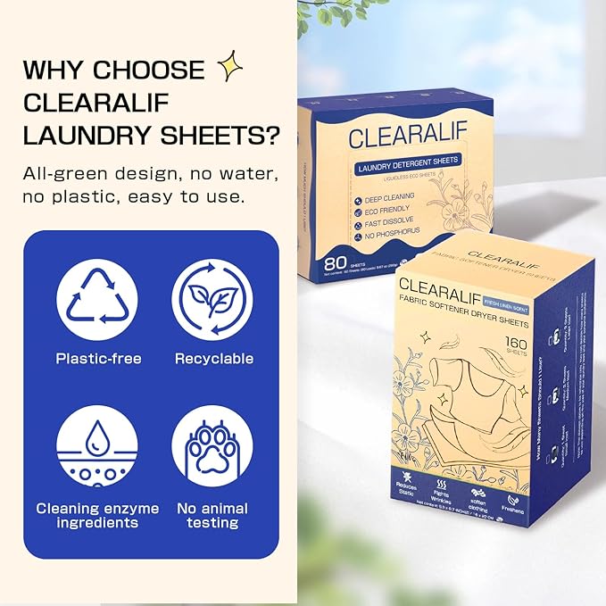 Clearalif All in One Laundry Detergent Sheets Kit, Fresh Linen Scent, 160 Loads Laundry Sheets + 160 Drying Sheets, Laundry Set Great for Travel, Softener Sheets Eco Package Friendly & Hypoallergenic