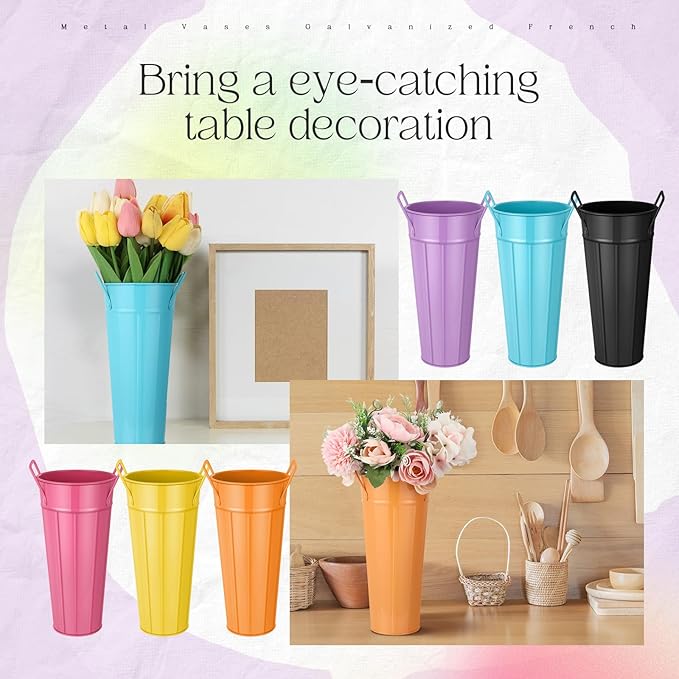 Lallisa 24 Pcs Metal Vases 9 Inch Galvanized French Farmhouse Flower Buckets with Handles and Hemp Rope, Vintage Style Flower Containers for Country Wedding Party Table Centerpiece Decor (Colorful)