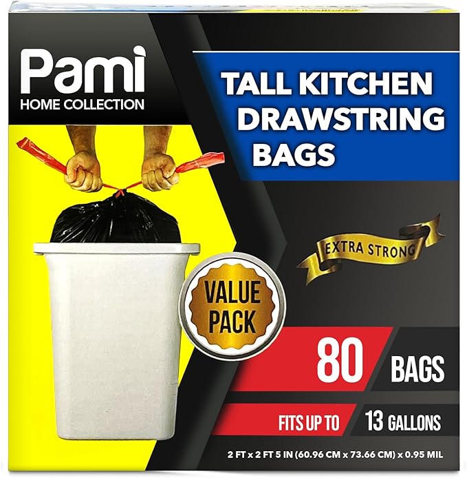 PAMI Tall 13-Gallon Kitchen Drawstring Trash Bags [80-Pack, Black] - Extra-Strong Plastic Garbage Bags- Thick Trash Can Liners For Kitchen, Bathroom & Outdoor Bins- 2ft x2ft Unscented Trash Bags