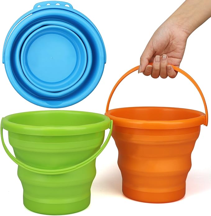 Foldable Beach Sand Toy Bucket for Kids Adults, Jumbo Collapsible Sandbox Bucket, Foldable Pail with Mesh Bag, Multi Use for Garden Beach, Camping, Easter Basket Gift, Fishing, Travelling 3PCS