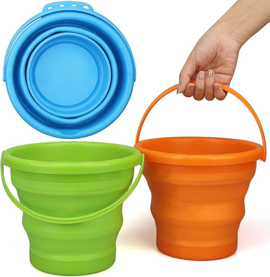 Foldable Beach Sand Toy Bucket for Kids Adults, Jumbo Collapsible Sandbox Bucket, Foldable Pail with Mesh Bag, Multi Use for Garden Beach, Camping, Easter Basket Gift, Fishing, Travelling 3PCS