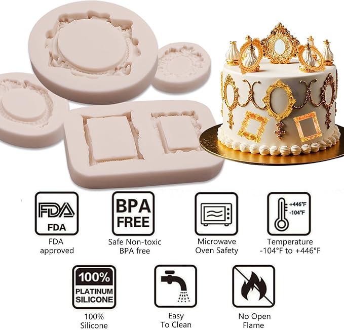 Vintage Picture Frame Chocolate Molds, 4 Pakcs Baroque Style Fondant Molds for Crafts, Chocolate, Cupcake Toppers