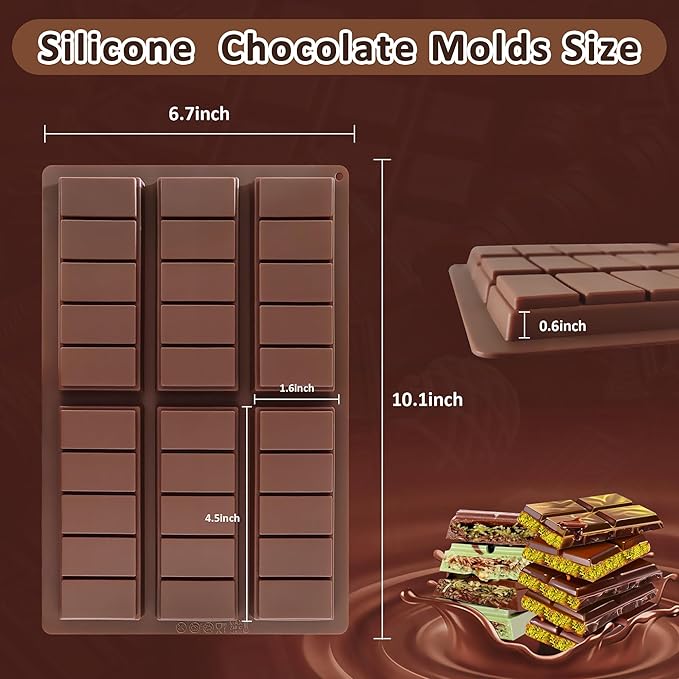 2 Pack Deep Silicone Chocolate Bar Molds - Non-Stick Candy Bar mold, Reusable Chocolate Molds for Dubai Pistachio Chocolate, Protein & Energy Bars, DIY Gifts and Homemade Snacks, Wax Melts