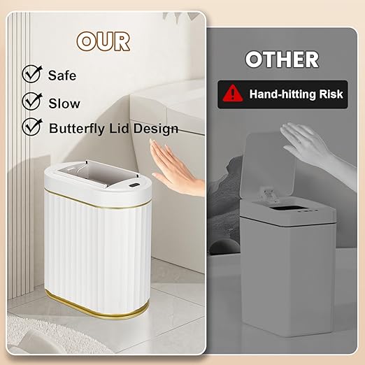 ELPHECO Bathroom Trash Can with Lid Butterfly, Motion Sensor Trash Can Bathroom Decor Automatic Garbage Can Wastebasket Bathroom Accessories, Kitchen, Living Room, Office, White Gold