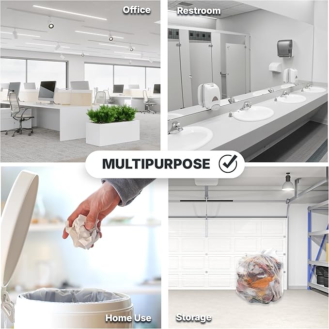 33 Gallon Trash Bags, 16 Micron High Density Pure HDPE Garbage Can Liners Bulk, 33" x 40", Natural Clear, 250 Count