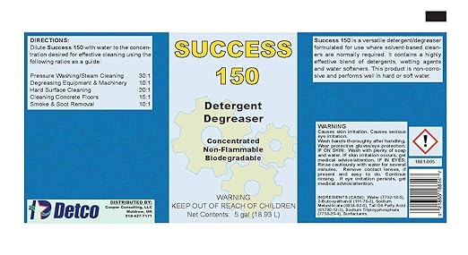 Success 150 Detergent Degreaser Concentrate | Industrial-Strength, Biodegradable Butyl Cleaner for Concrete, Pressure Washing, Automotive - Non-Flammable, Easy-to-Use - 1 Quart