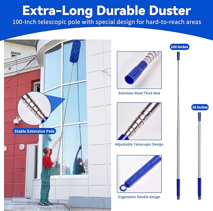 Dusters for Cleaning, Duster with Extension Pole 7 in 1 Kit, Ceiling Fan Cleaner Duster Cobweb Duster, Long Dusters for High Ceilings, Microfiber Dusters for Ceiling Fan, Blinds and Furniture