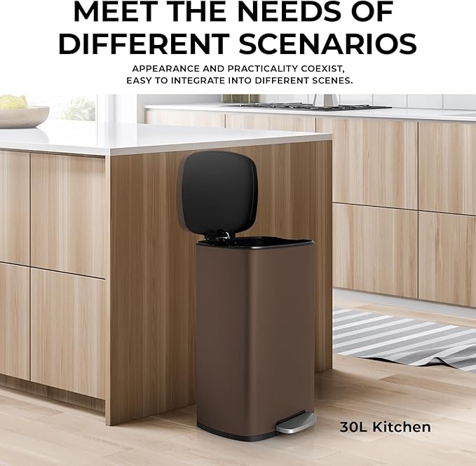 8 Gal Kitchen Trash Can, 30L Recycling or Garbage Bin, Brushed Stainless Steel Waste Basket, Soft&Quiet Close Dustbin, with Step-On Pedal, Removable Inner Bucket, for Home, Office, Living Room