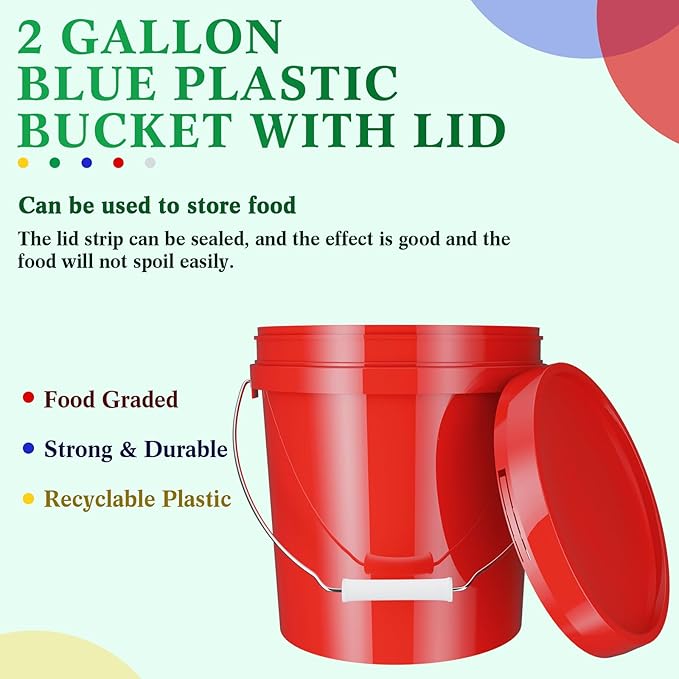 6 Pack 2 Gallon Plastic Bucket with Lid Heavy Duty Pail with Metal Handle Reusable Small Multipurpose Paint Buckets Container for Food Storage(Colorful)