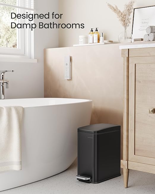 SONGMICS Bathroom Trash Can, 2.6 Gallon (10 L) Small Trash Bin with Lid, Slim for Small Spaces, Stainless Steel Garbage Can, Soft Close, Black ULTB561B10