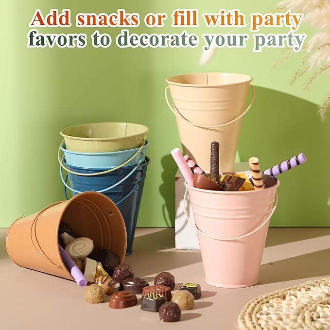 Sadnyy 24 Pack Colored Small Metal Buckets with Handle, 4.5 x 5.1 Inch Mini Galvanized Tin Bucket for Back to School Classrooms Crafts Pencil Holder Boho Wedding Birthday Party Favor Decoration